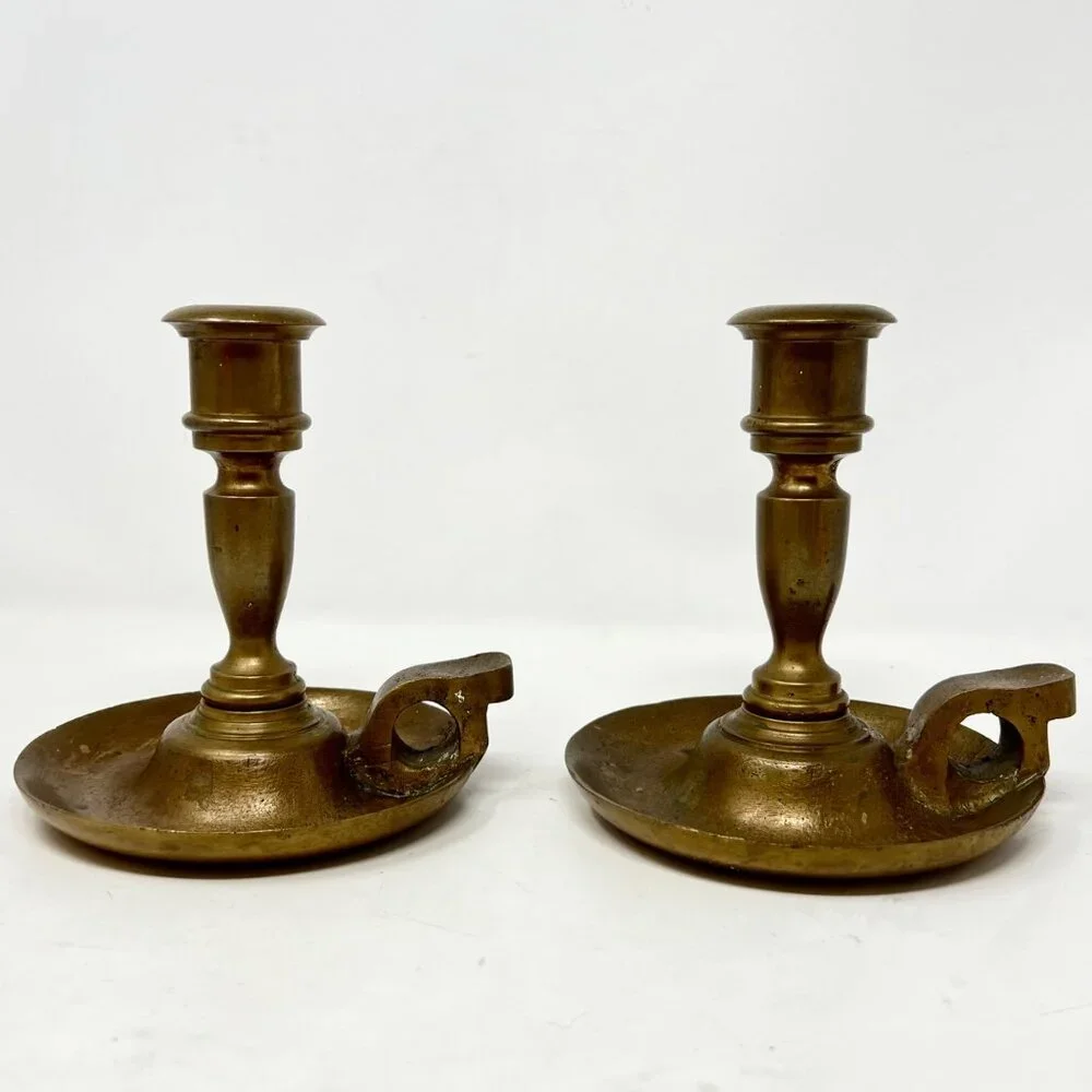 Vintage Brass Chamber Candlesticks Candle Holder Pair 6.5” Rustic Heavy Handmade